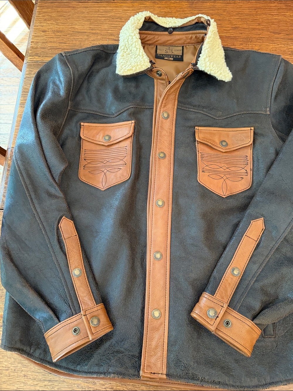 Men's Black Sherpa Collar Shirt Jacket with Brown Trim